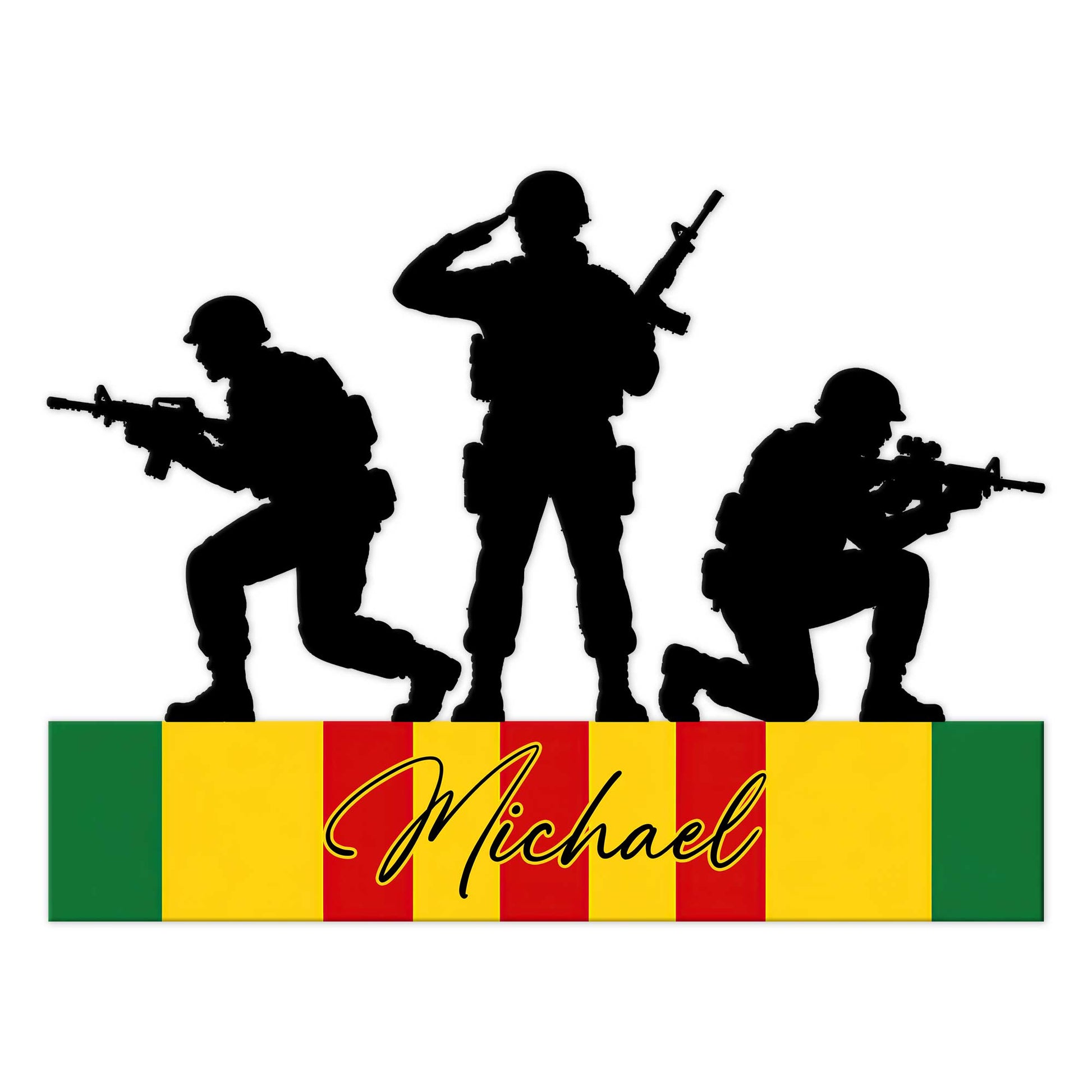 Custom Vietnam Veteran metal sign featuring three armed soldier silhouettes over a bold green, yellow, and red design