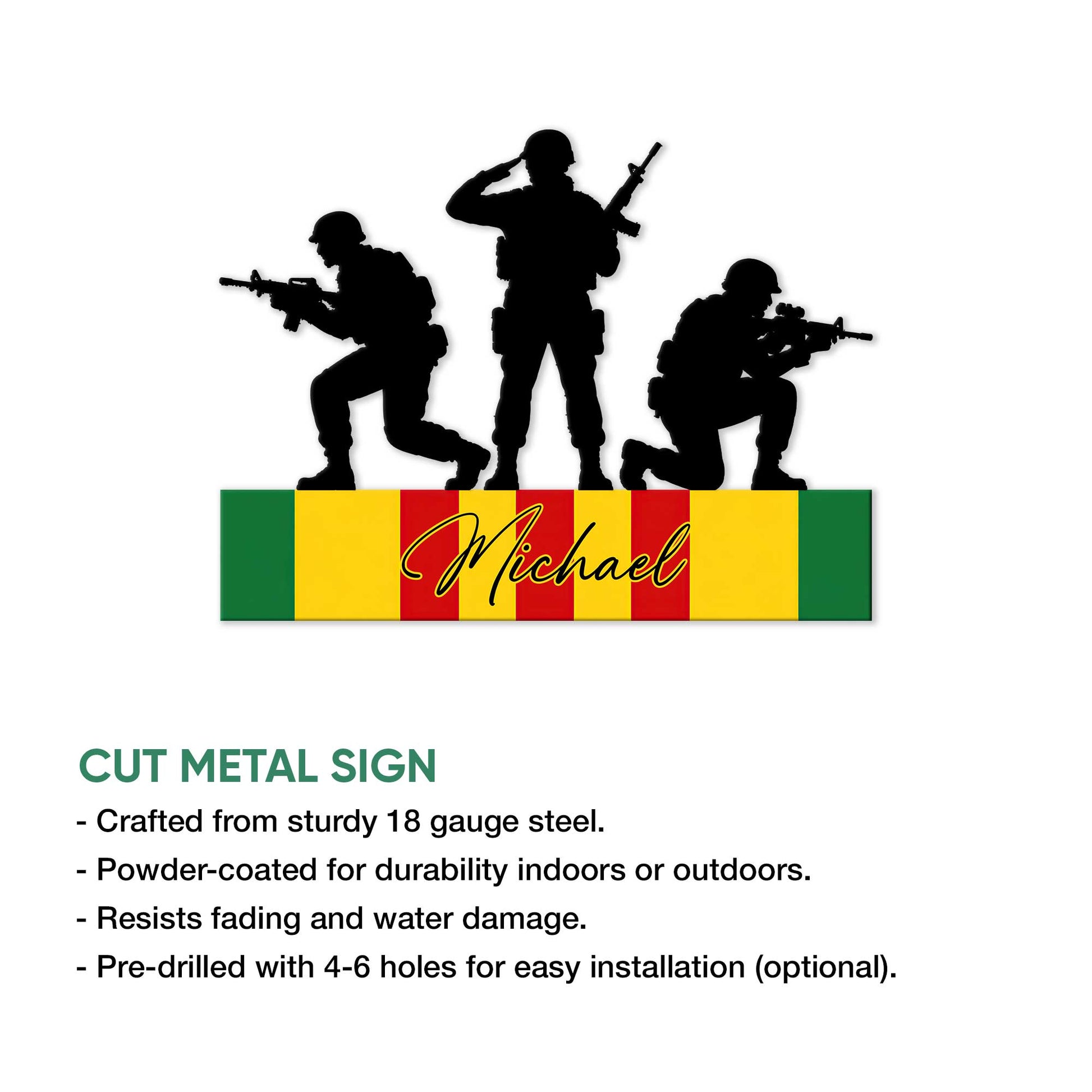 Vietnam Veteran cut metal sign shown with a feature infographic highlighting its wall display design and use options