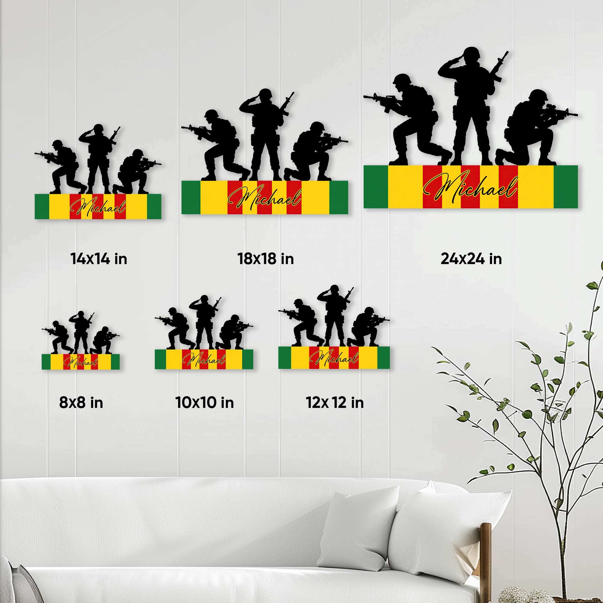 Vietnam Veteran metal sign size guide showing six available square dimensions from 8 by 8 to 24 by 24 inches