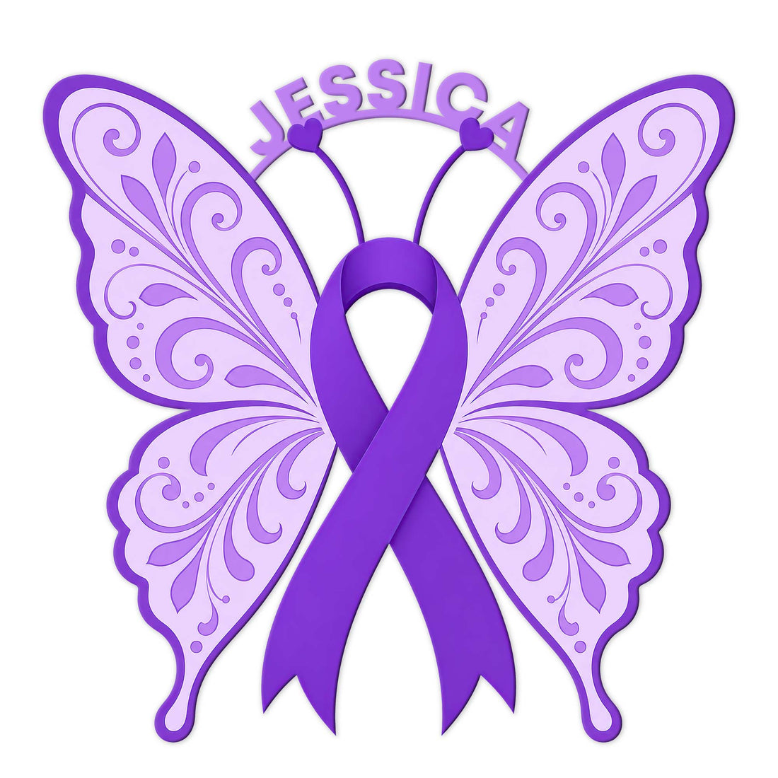 Purple butterfly with a Cystic Fibrosis awareness ribbon on a decorative metal sign