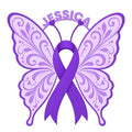 Purple butterfly with a Cystic Fibrosis awareness ribbon on a decorative metal sign