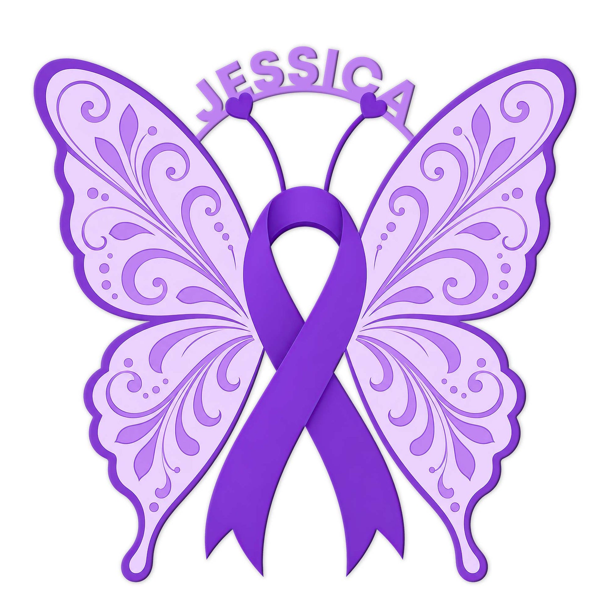 Purple butterfly with a Cystic Fibrosis awareness ribbon on a decorative metal sign