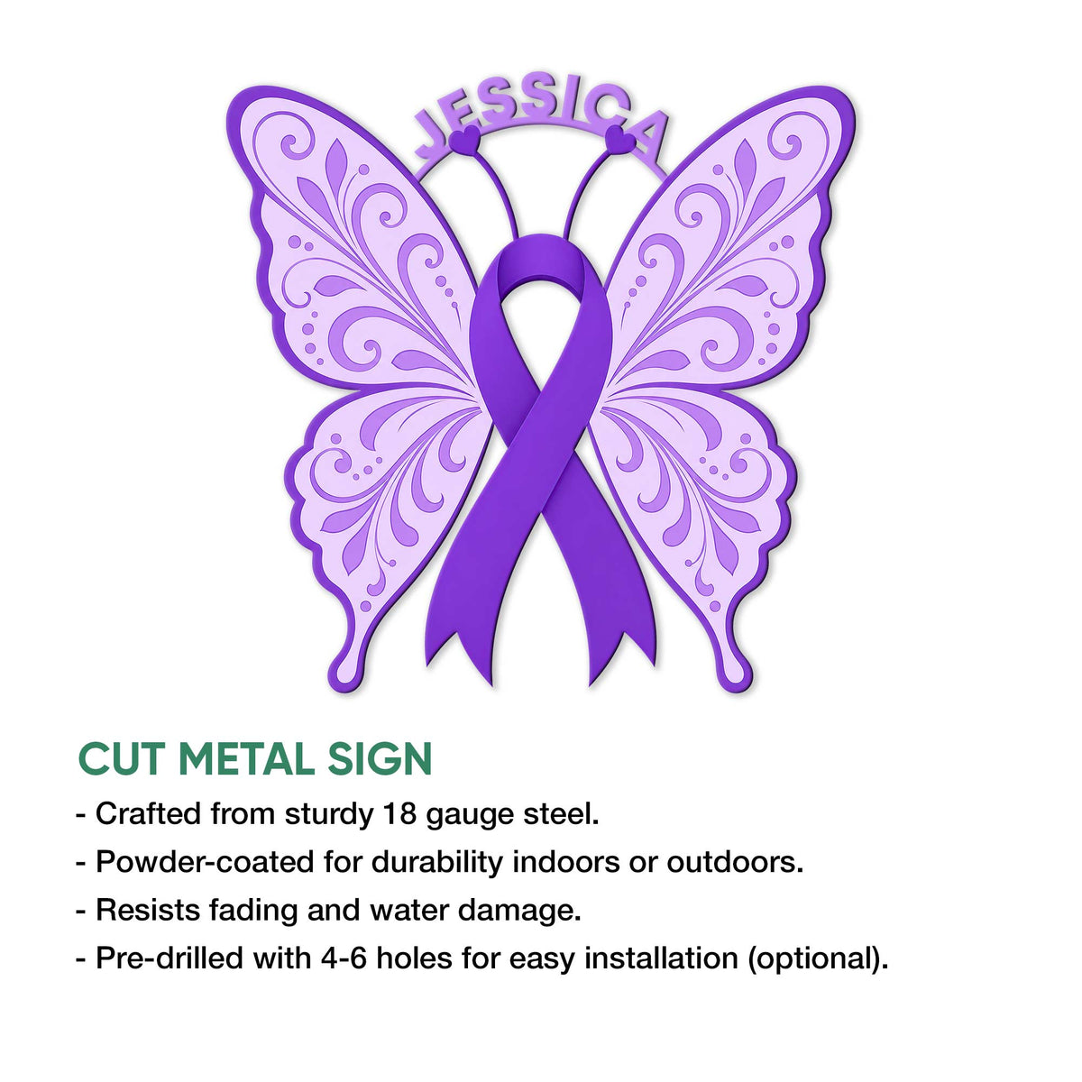 Purple butterfly Cystic Fibrosis awareness ribbon displayed as a cut metal sign