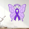Cystic Fibrosis butterfly ribbon wall sign displayed on a white wood-paneled wall
