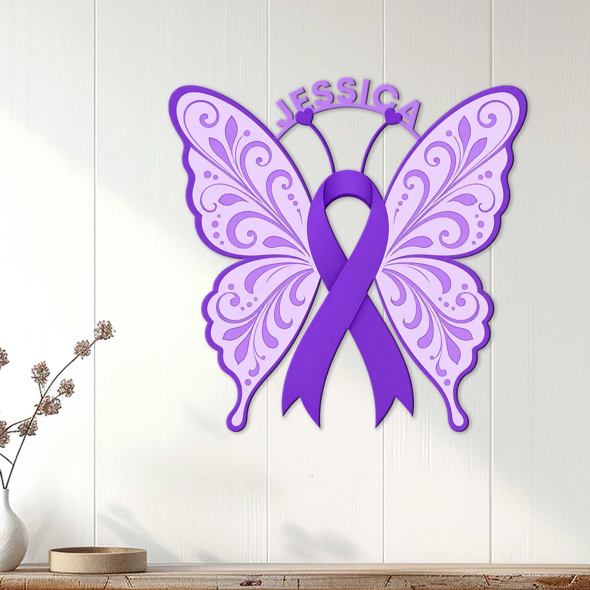Cystic Fibrosis butterfly ribbon wall sign displayed on a white wood-paneled wall