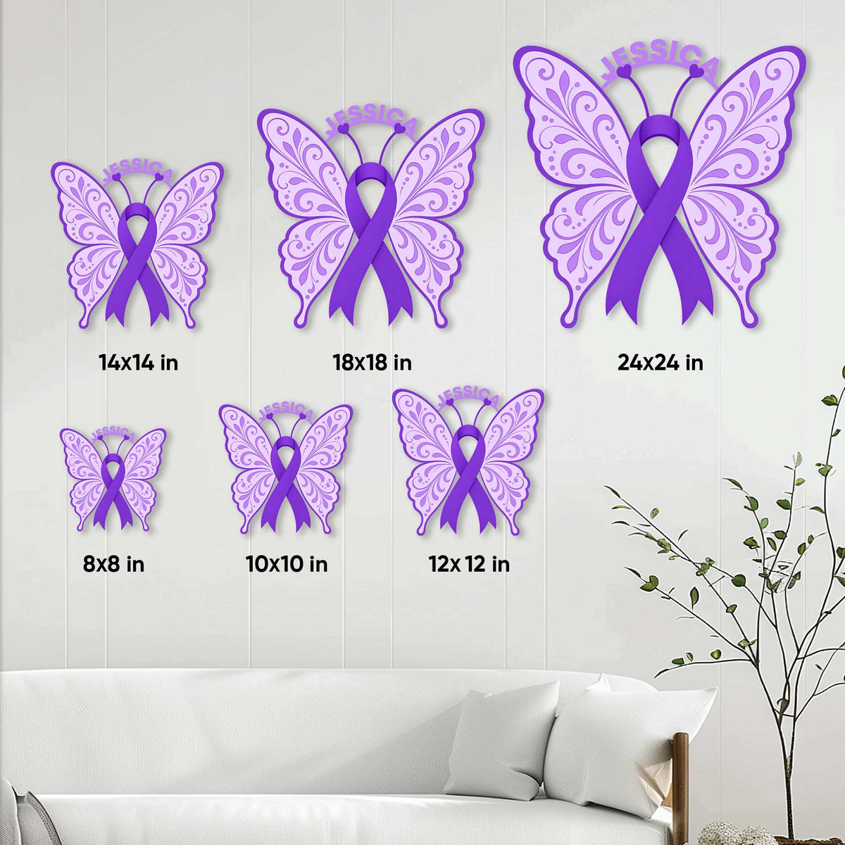 Cystic Fibrosis butterfly metal sign size guide showing six available square sizes