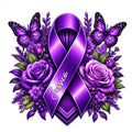 Cystic Fibrosis metal sign with a purple awareness ribbon surrounded by butterflies and violet flowers