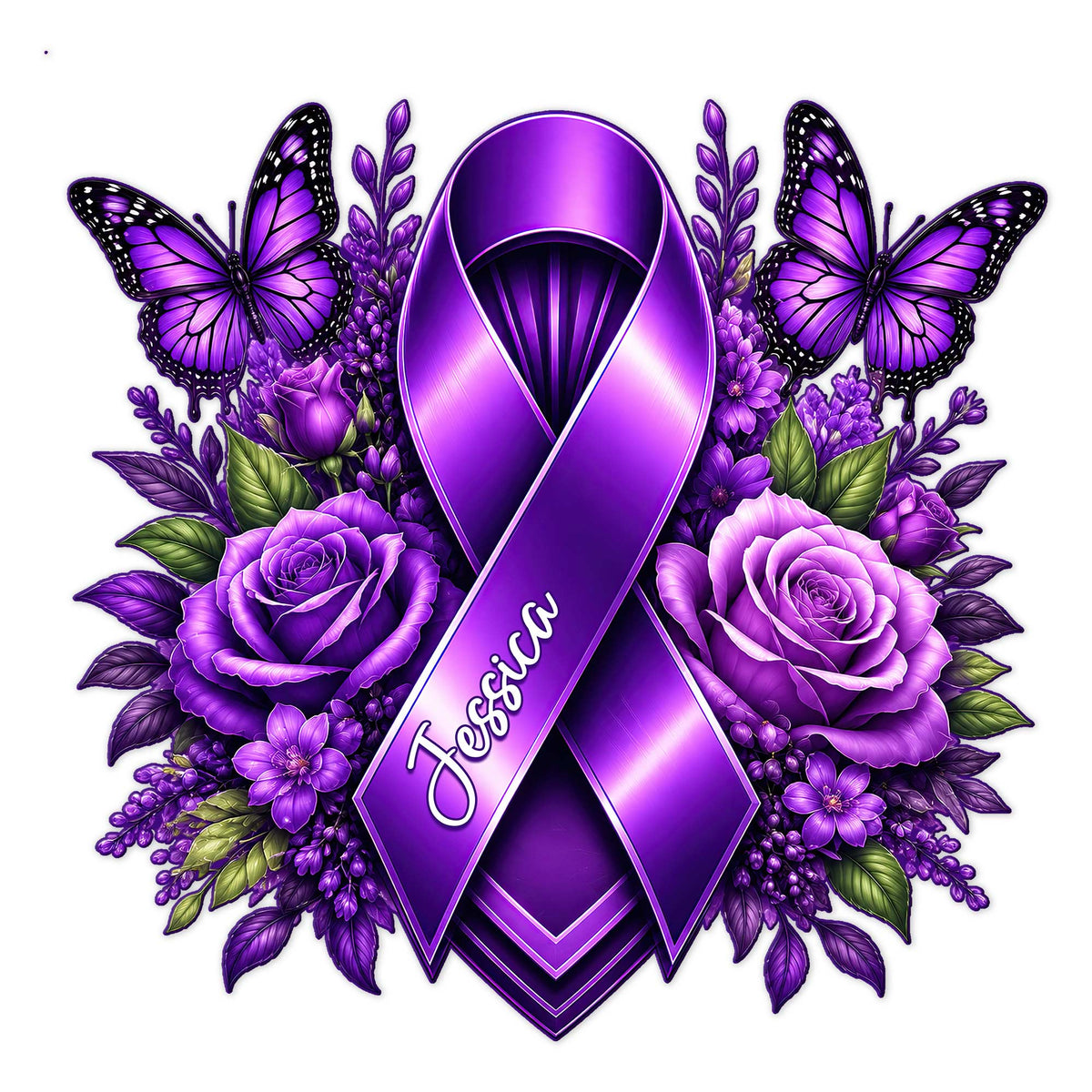 Cystic Fibrosis metal sign with a purple awareness ribbon surrounded by butterflies and violet flowers