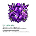 Cystic Fibrosis awareness sign shown with cut-metal product features and a purple floral ribbon design