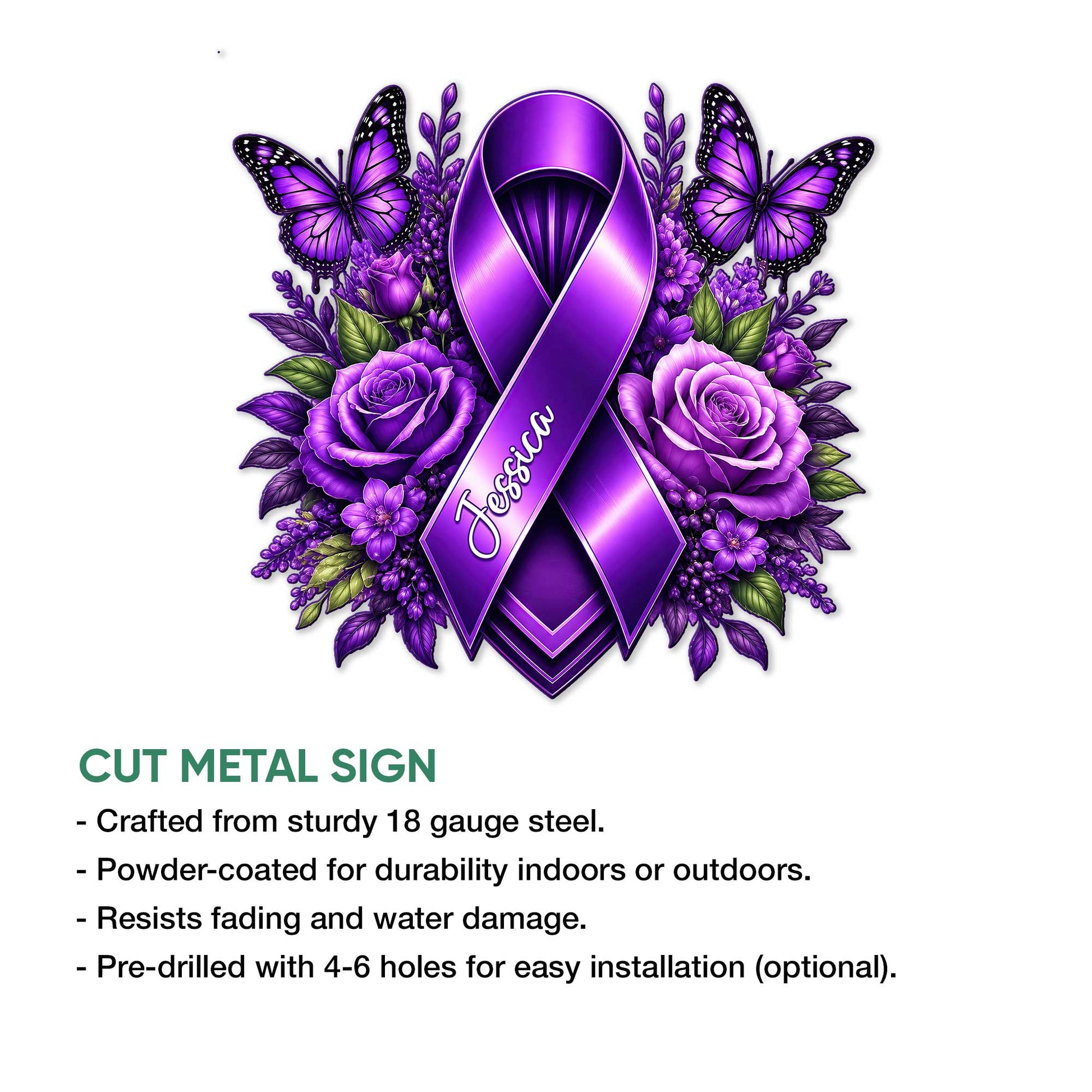 Cystic Fibrosis awareness sign shown with cut-metal product features and a purple floral ribbon design
