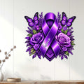 Purple Cystic Fibrosis ribbon wall sign displayed on a light wood-paneled wall with floral accents