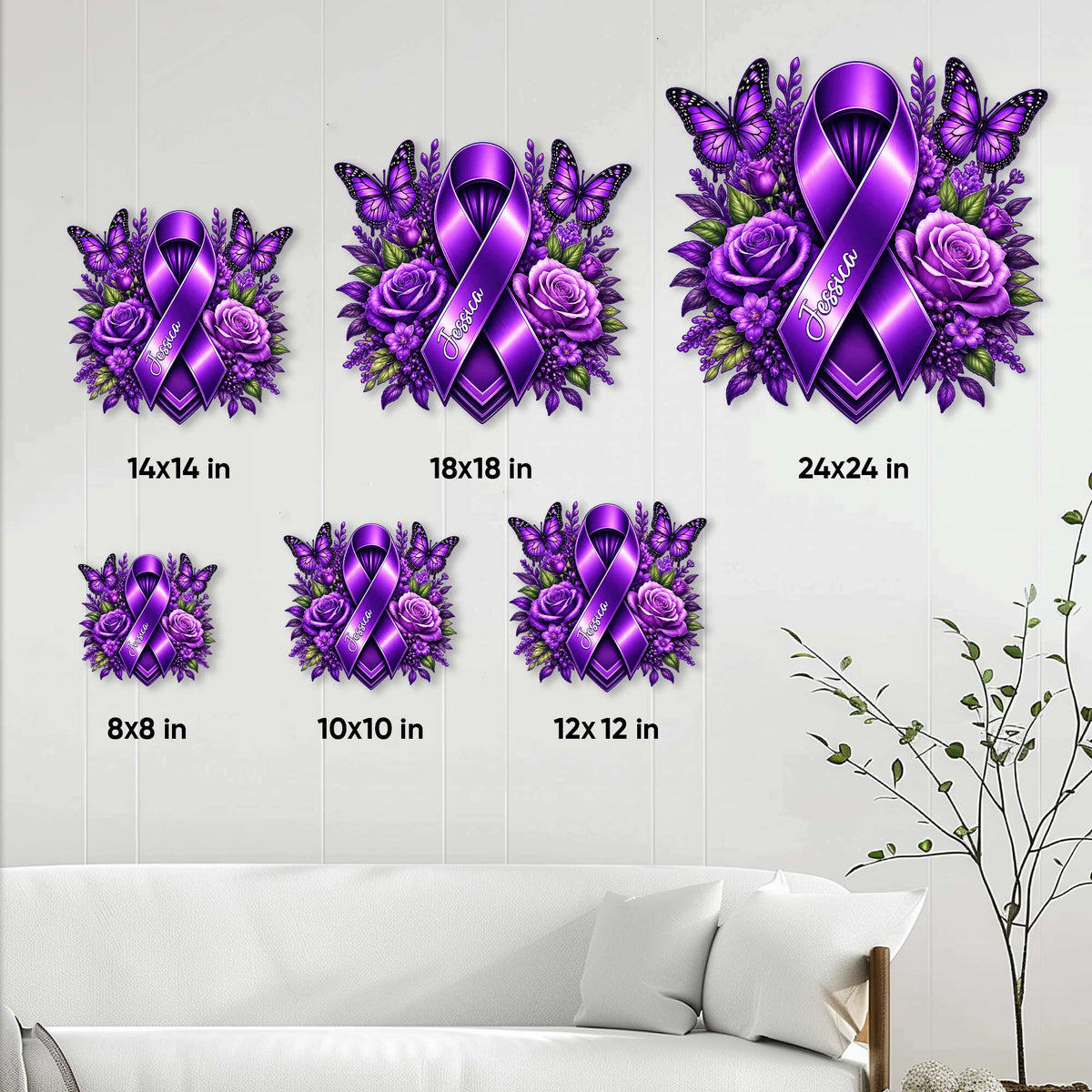 Cystic Fibrosis purple ribbon metal sign size guide showing six available square dimensions