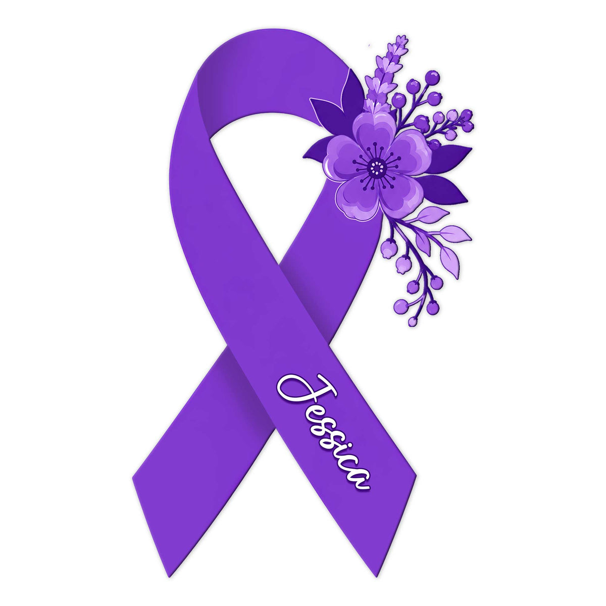 Purple cystic fibrosis awareness ribbon metal sign adorned with a detailed floral arrangement