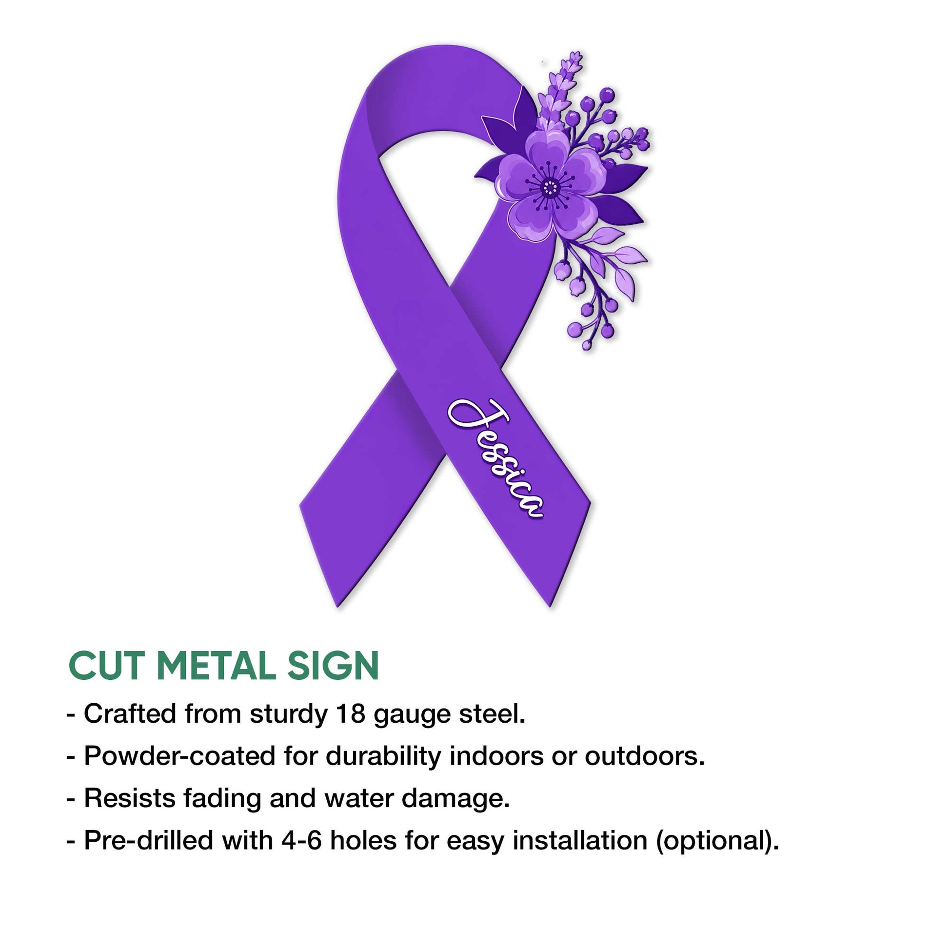 Cystic fibrosis purple ribbon metal sign shown with cut-metal product feature information