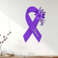 Floral purple cystic fibrosis awareness ribbon sign displayed as wall decor in a bright home