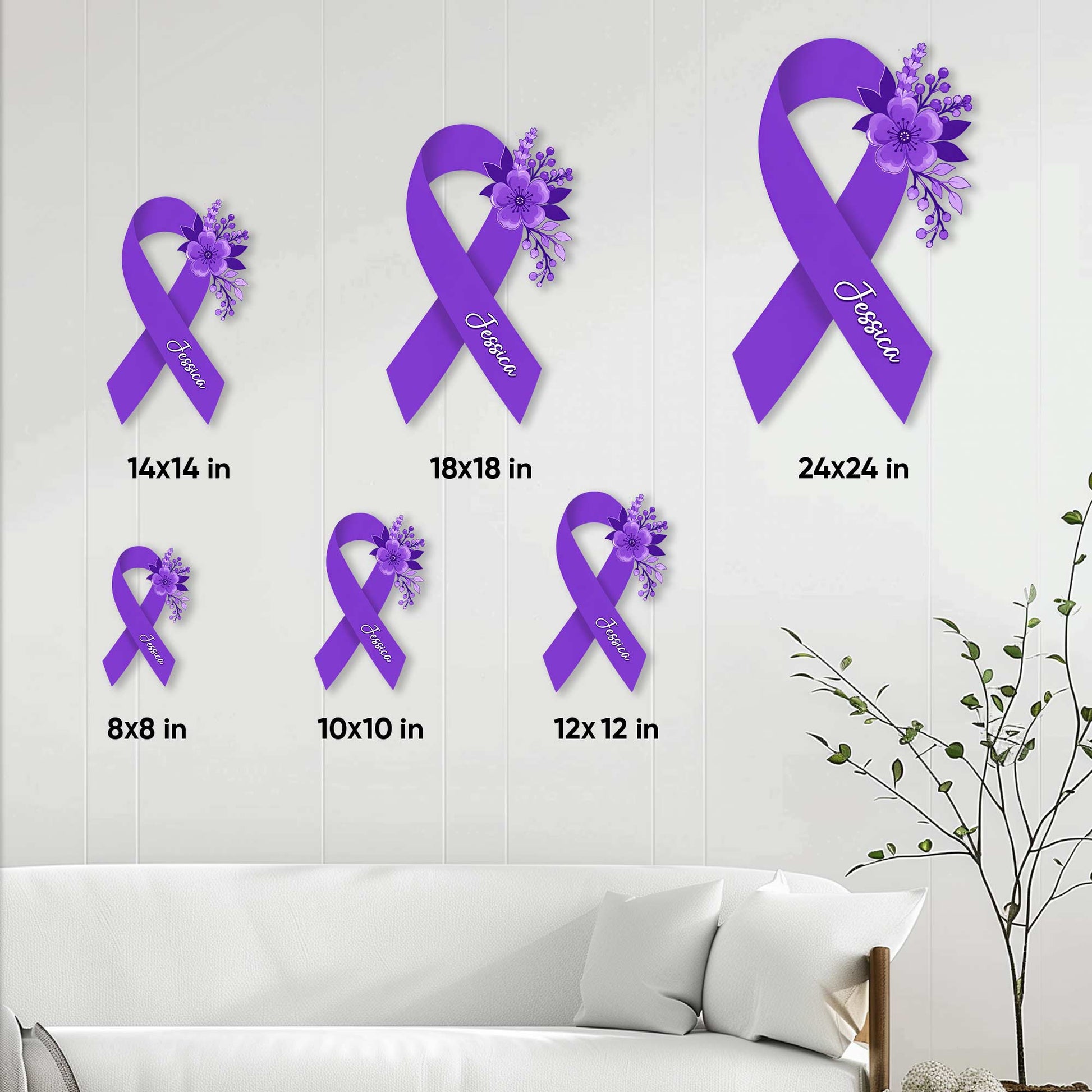 Cystic fibrosis floral ribbon metal sign shown in multiple sizes on a light interior wall