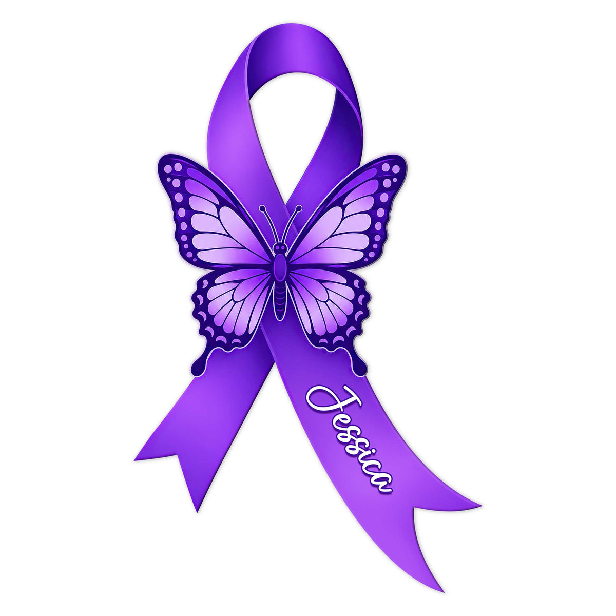 Purple cystic fibrosis awareness ribbon with an intricate butterfly design on a metal sign