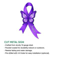 Purple butterfly ribbon for cystic fibrosis awareness shown as a cut metal sign