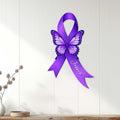 Cystic fibrosis awareness butterfly ribbon sign displayed on a light wood wall
