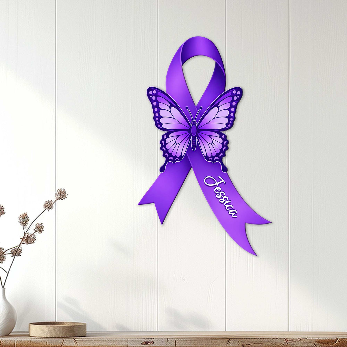 Cystic fibrosis awareness butterfly ribbon sign displayed on a light wood wall
