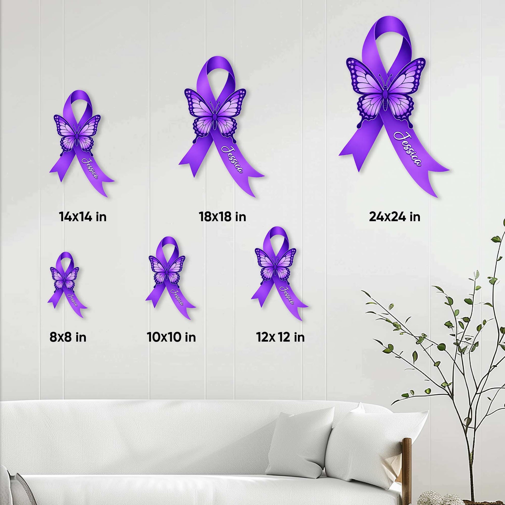 Cystic fibrosis butterfly ribbon metal sign shown in multiple size options on a wall