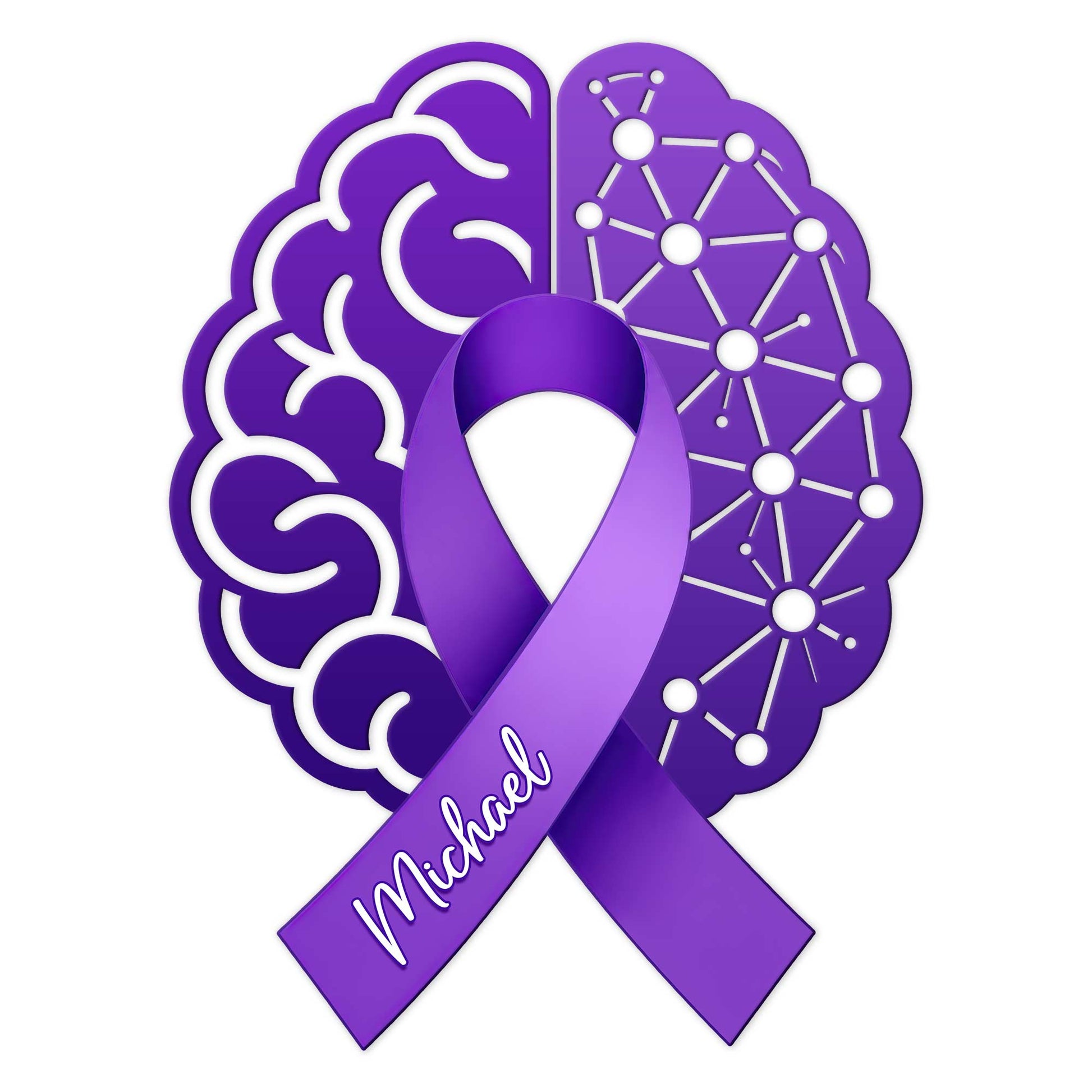 Purple Alzheimer's awareness metal sign featuring a brain design and intertwined purple ribbon