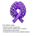 Alzheimer's awareness purple ribbon metal sign shown with a cut metal sign feature overview