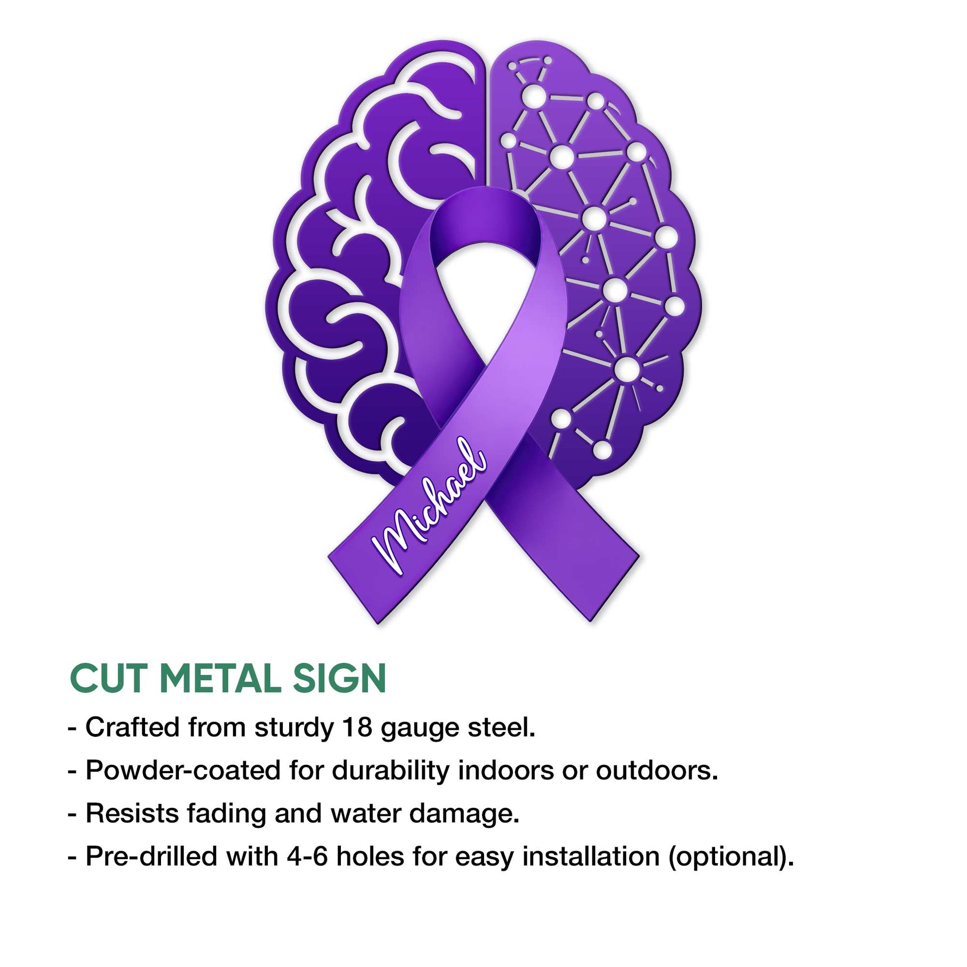 Alzheimer's awareness purple ribbon metal sign shown with a cut metal sign feature overview
