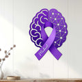 Alzheimer's awareness metal sign displayed as purple ribbon wall decor in a bright home