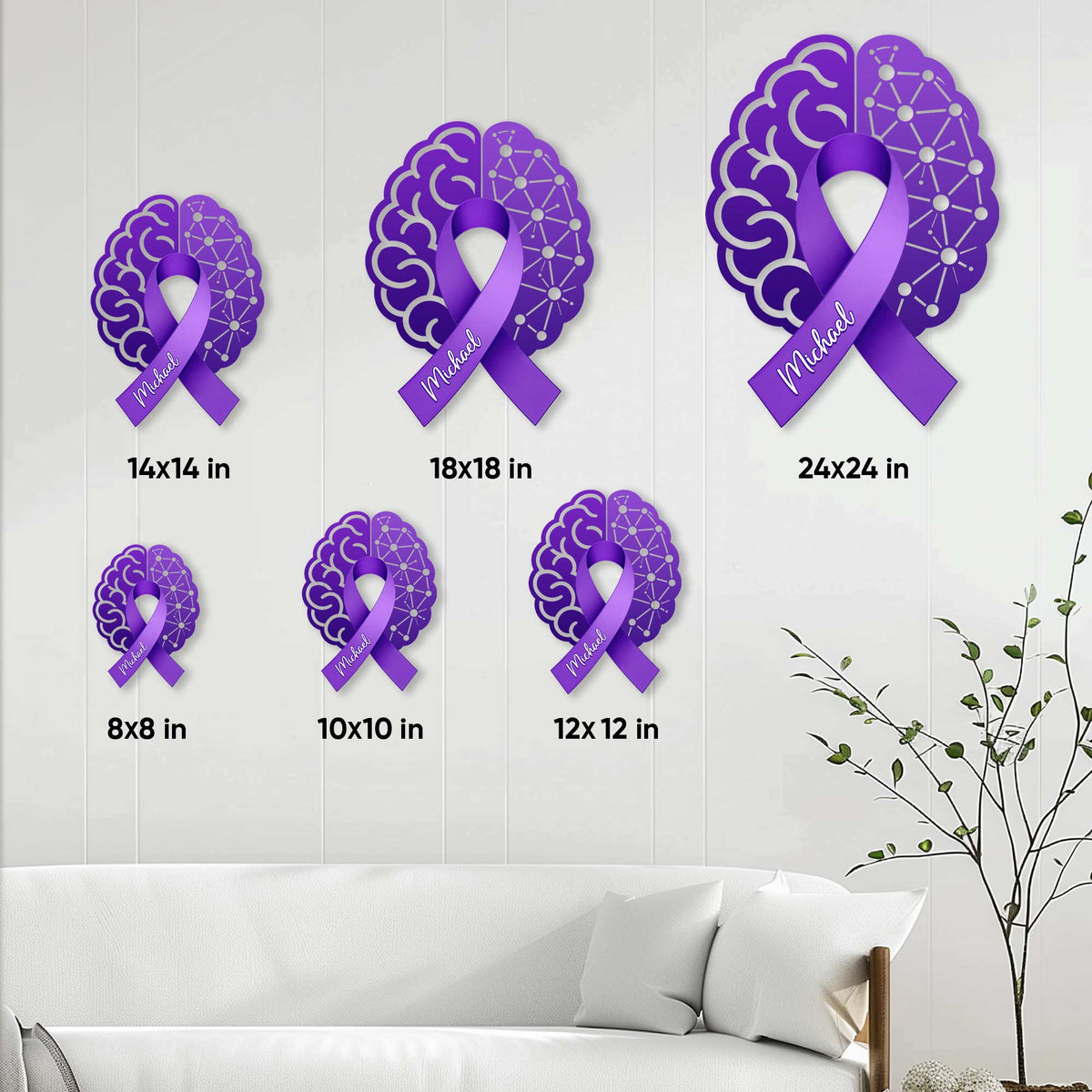 Alzheimer's awareness metal sign size guide showing six available square dimensions