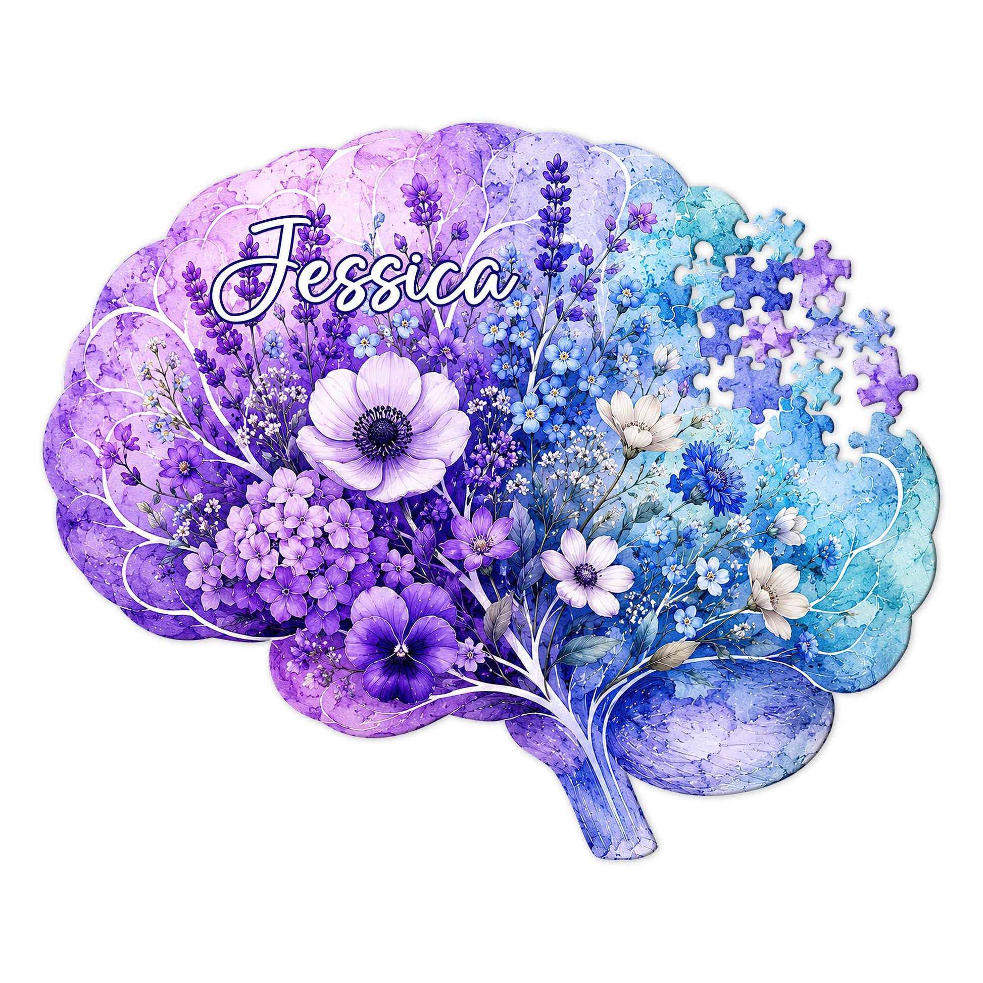 Floral Alzheimer's awareness brain metal sign with purple and blue flowers and puzzle piece accents