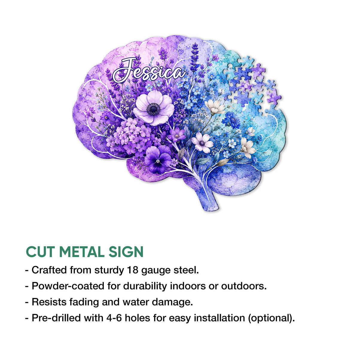 Alzheimer's awareness brain-shaped cut metal sign shown with product feature details