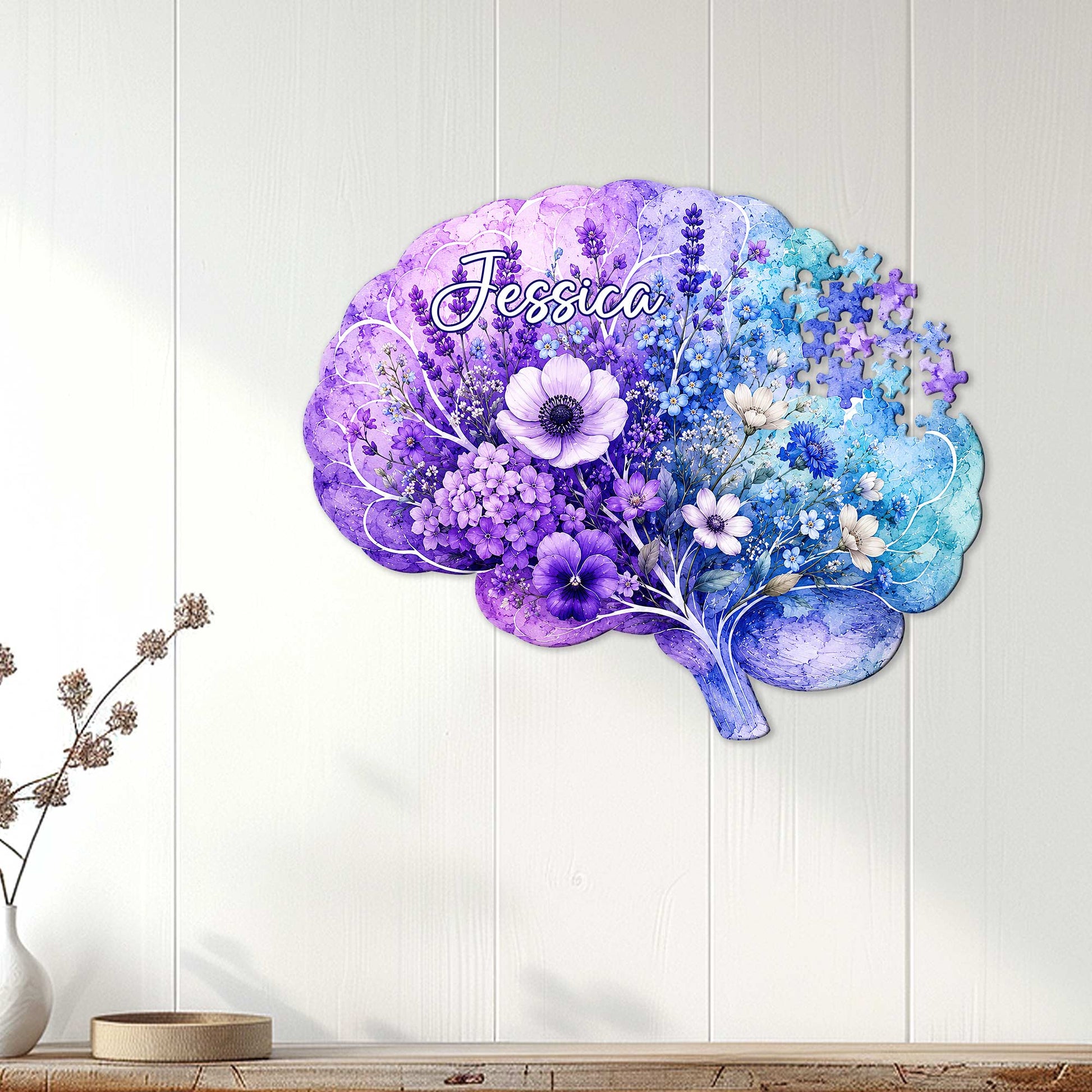 Floral dementia awareness brain wall sign displayed on a light paneled interior wall
