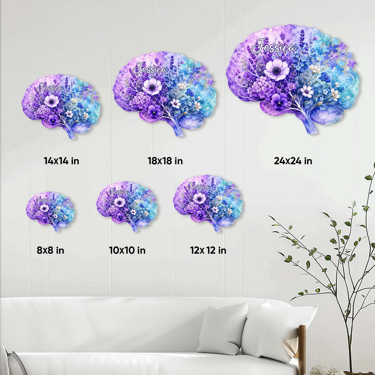 Alzheimer's awareness brain metal sign size guide showing six available square dimensions