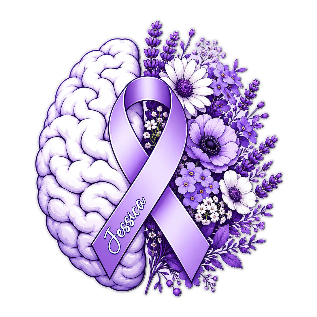 Alzheimer's awareness metal sign featuring a purple ribbon, brain illustration, and blooming purple flowers