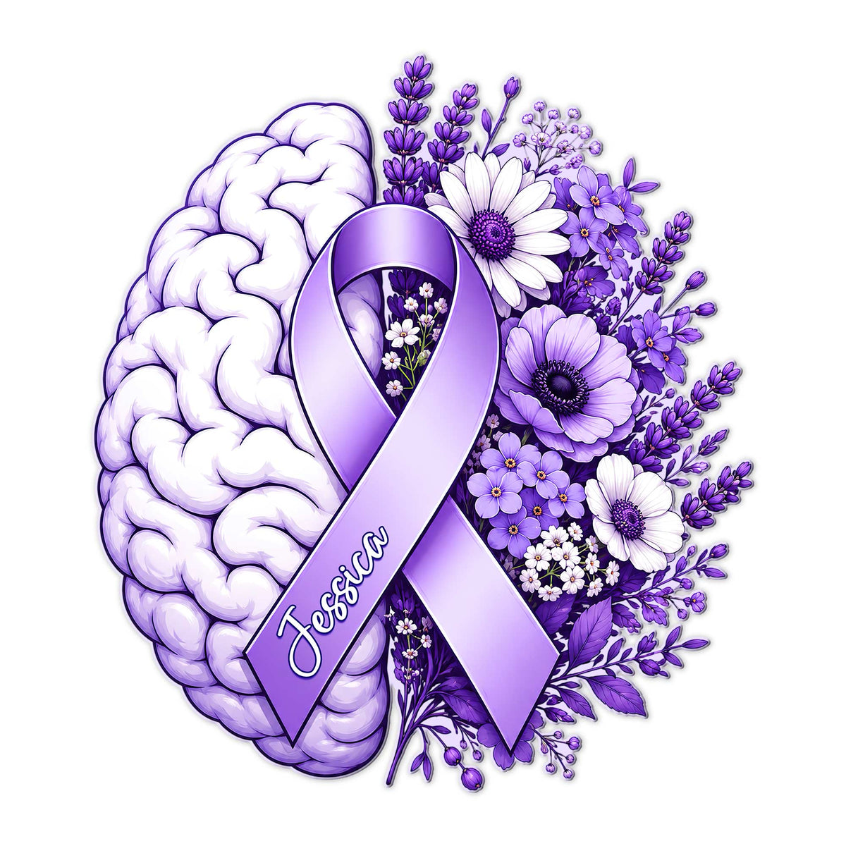 Alzheimer's awareness metal sign featuring a purple ribbon, brain illustration, and blooming purple flowers