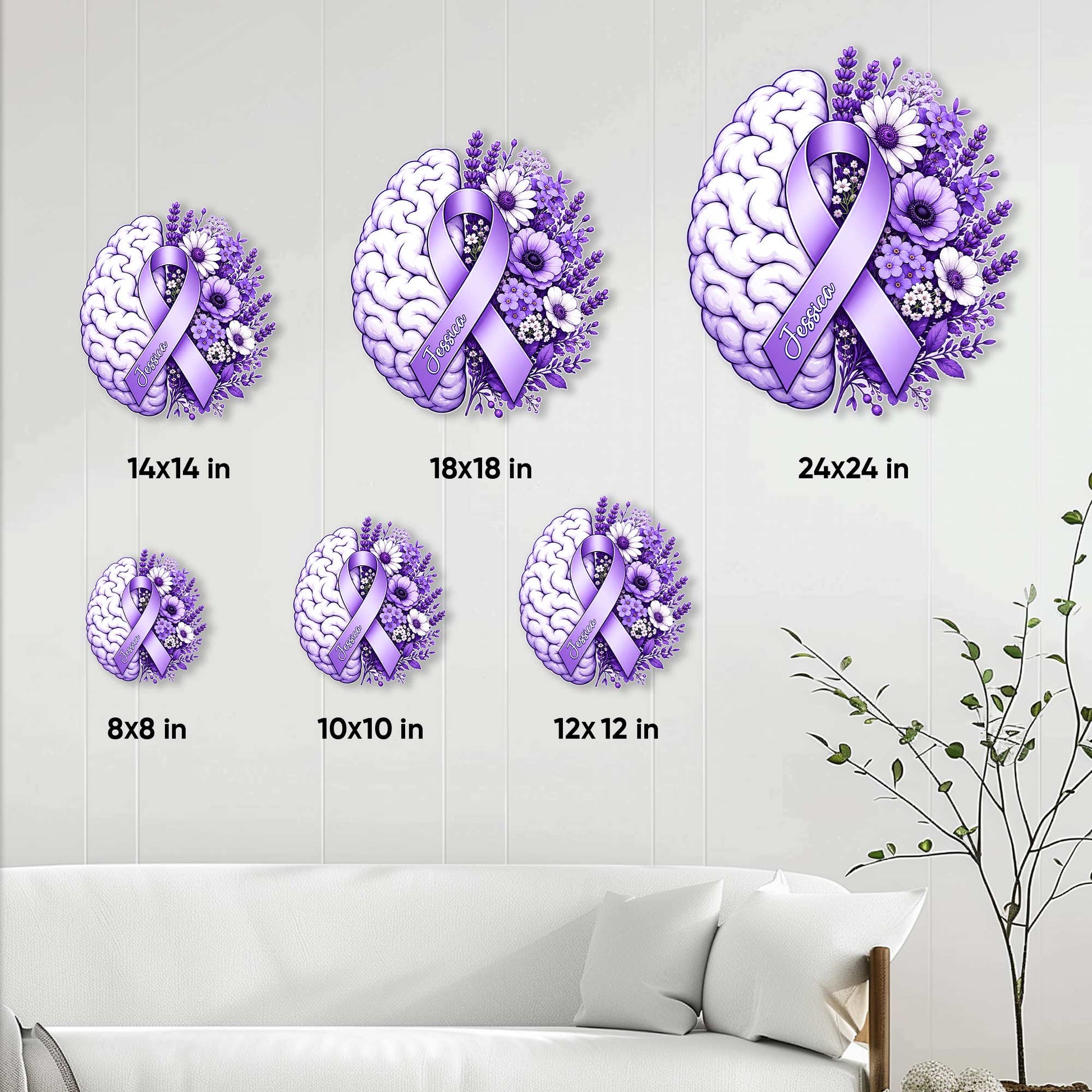 Alzheimer's awareness metal sign size guide showing available square dimensions from 8 by 8 to 24 by 24 inches
