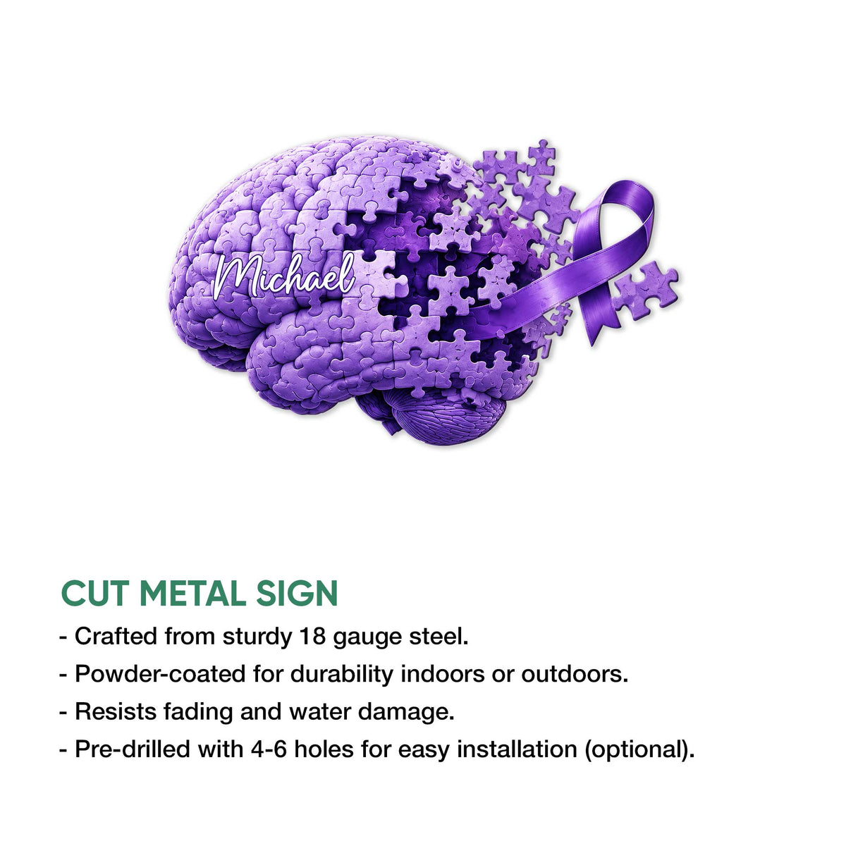 Alzheimer's awareness brain metal sign shown with a cut metal sign feature infographic