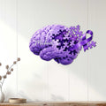 Purple puzzle-piece brain and ribbon Alzheimer's sign displayed as wall decor in a home