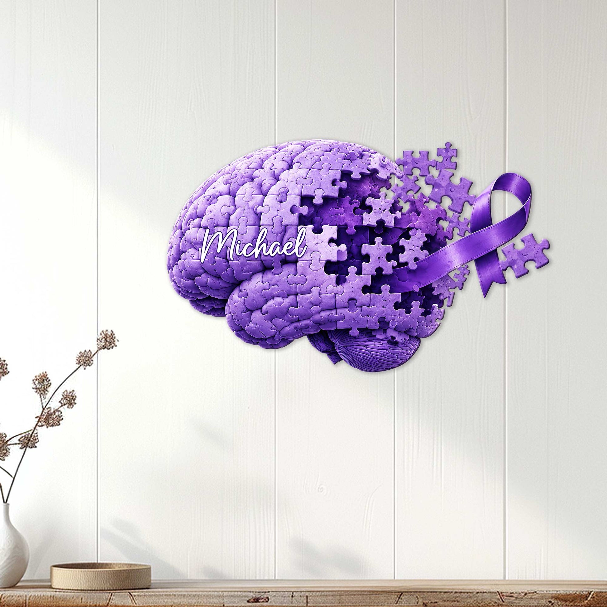 Purple puzzle-piece brain and ribbon Alzheimer's sign displayed as wall decor in a home