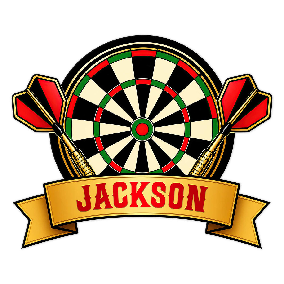 Custom dart board metal sign featuring a colorful target, crossed darts, and a bold gold banner