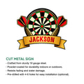 Dart board metal sign shown in a product feature graphic with crossed darts and a decorative banner