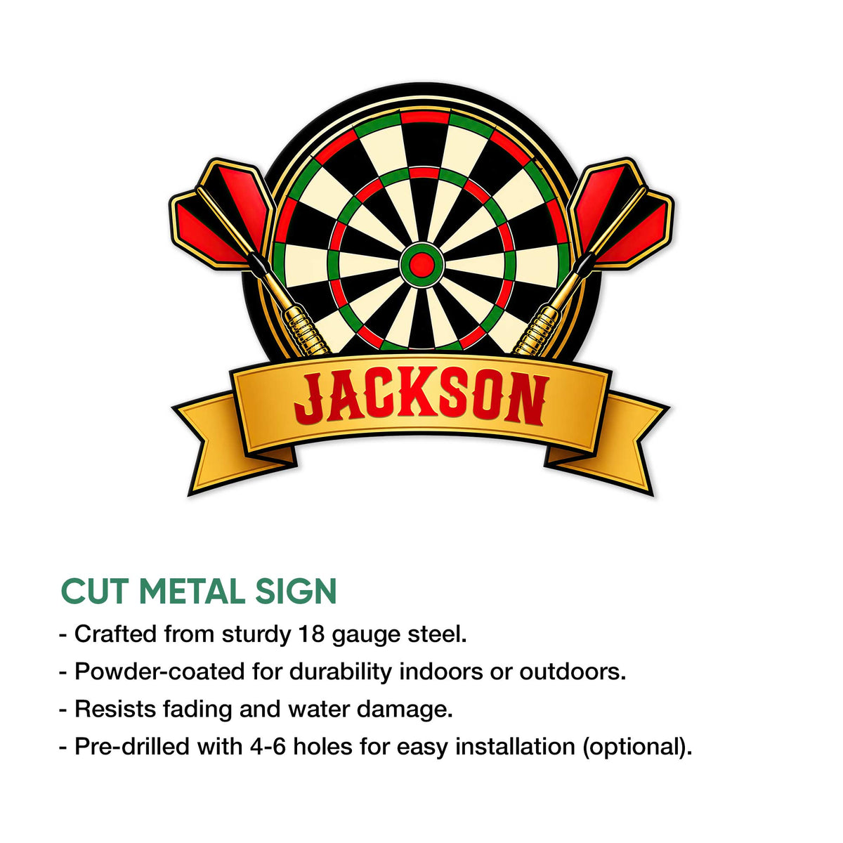 Dart board metal sign shown in a product feature graphic with crossed darts and a decorative banner