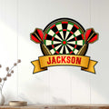 Dart board wall sign displayed on white paneling as colorful game room decor