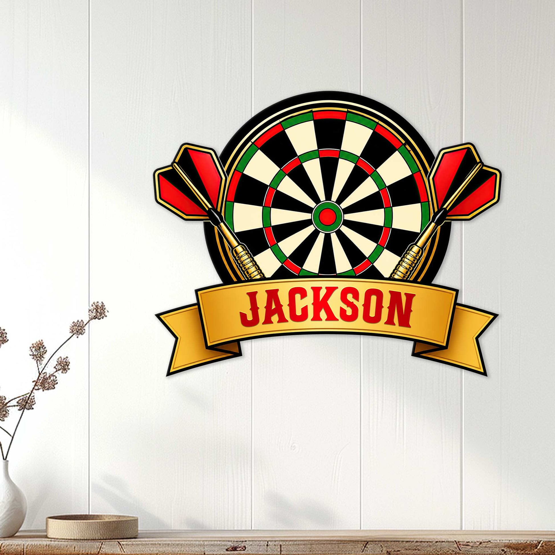 Dart board wall sign displayed on white paneling as colorful game room decor