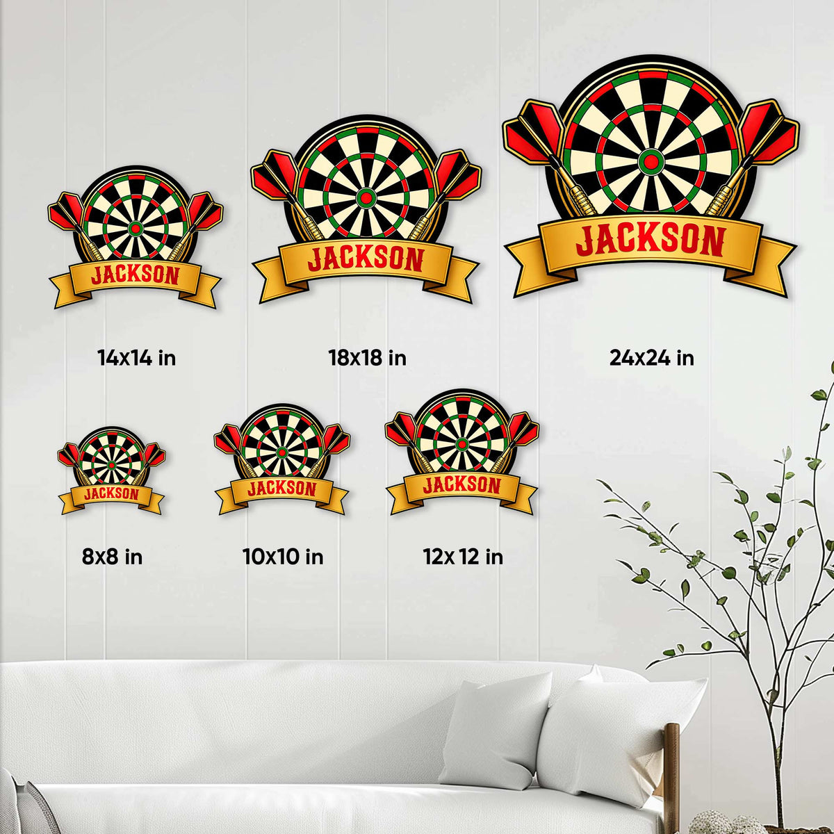 Dart board metal sign size guide showing six available square size options in a room setting