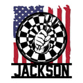 Patriotic dart board metal sign featuring a clenched hand gripping darts over an American flag backdrop