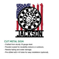 Feature graphic of a patriotic dart board metal sign with a bold dart-holding fist and flag design