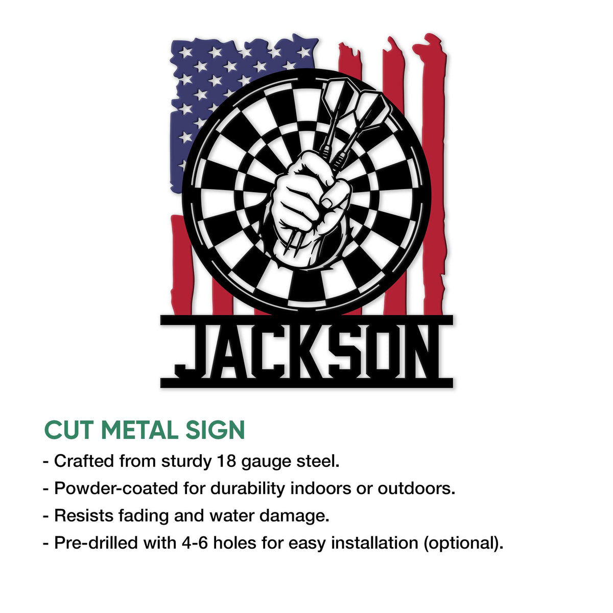 Feature graphic of a patriotic dart board metal sign with a bold dart-holding fist and flag design