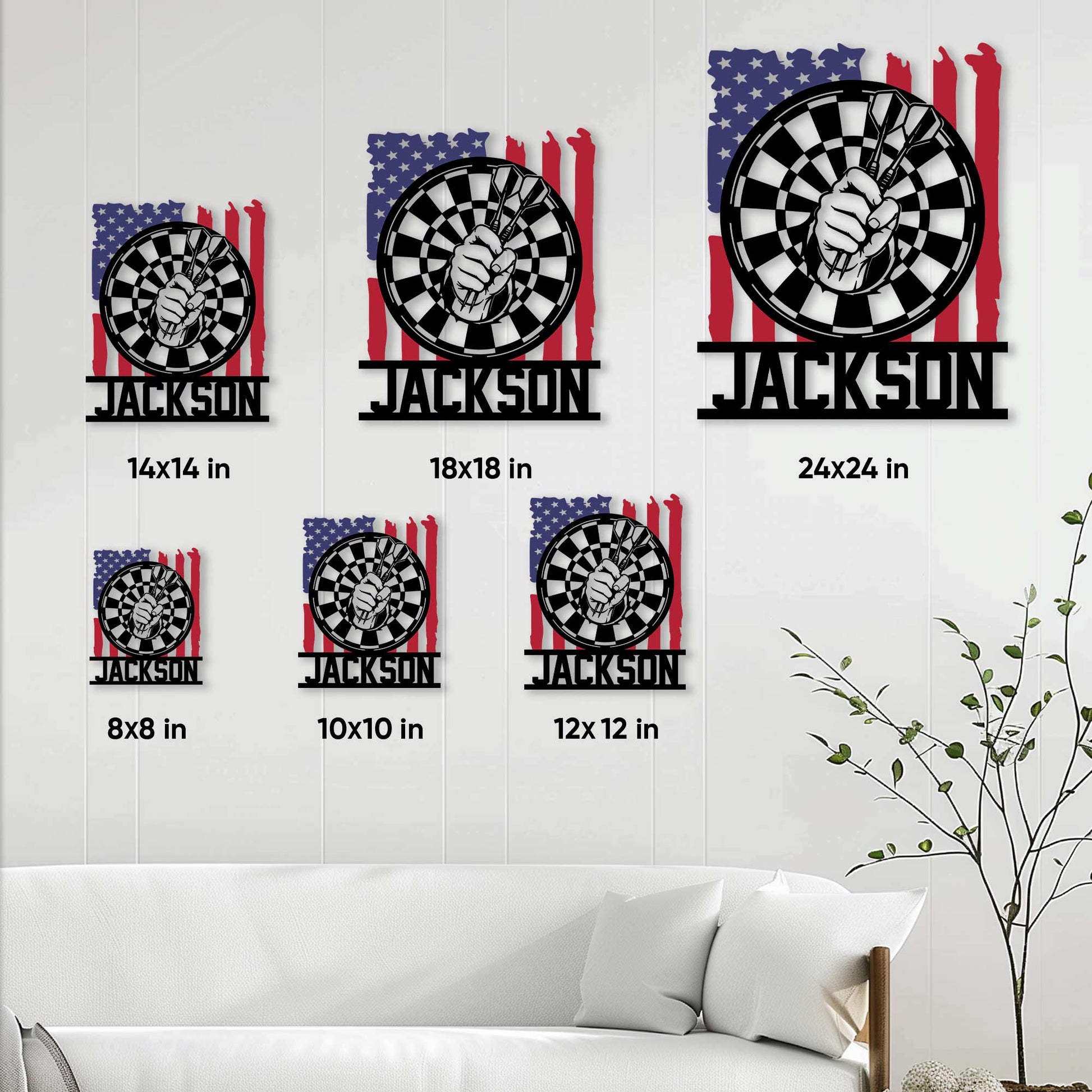 Dart board metal sign size guide showing available square sizes from 8x8 to 24x24 inches